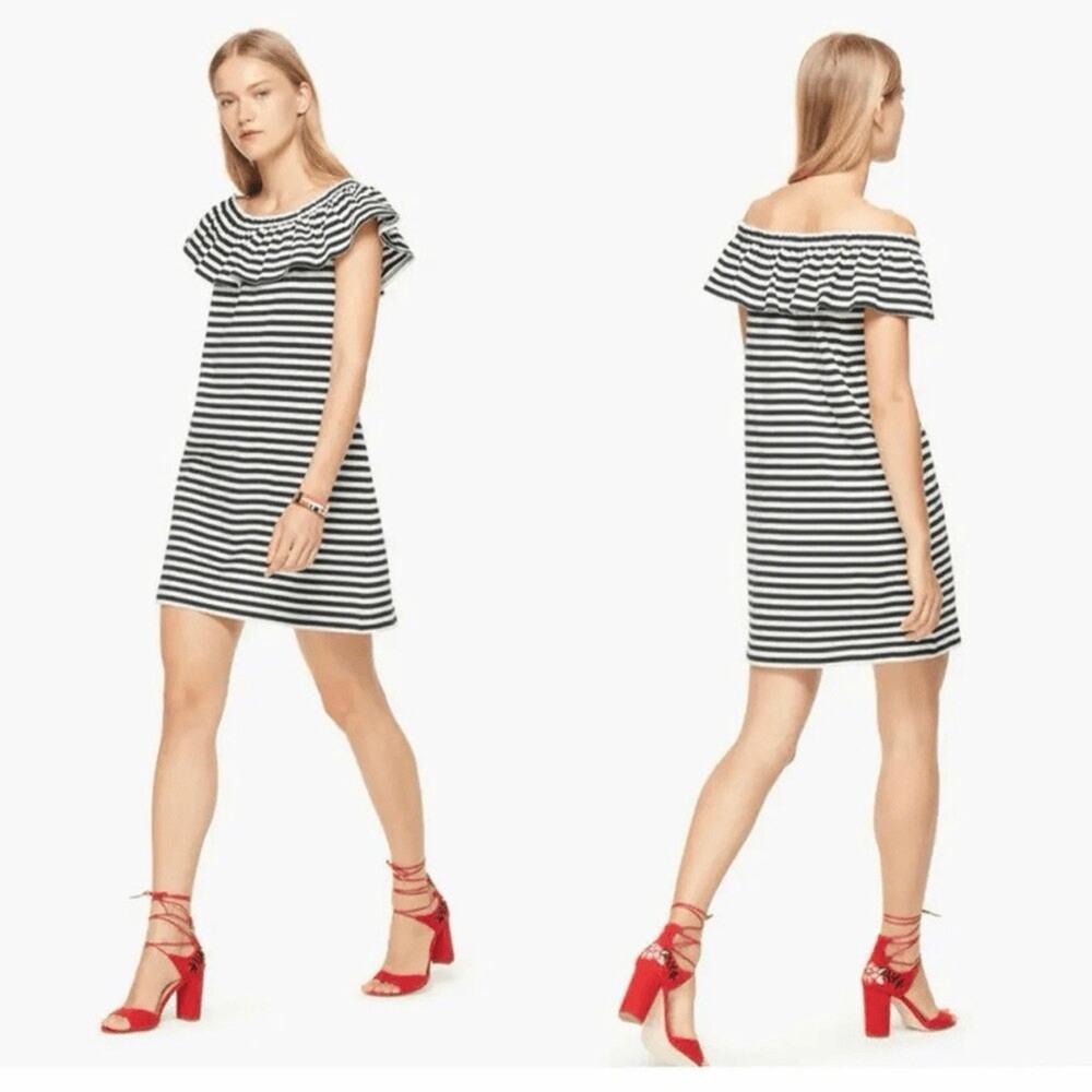 Kate Spade Broome Street Off Shoulder Ruffle Stripe Dress Black White S preppy